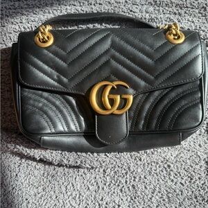 Gucci Black Marmont Small Quilted Shoulder Bag with Gold Accents